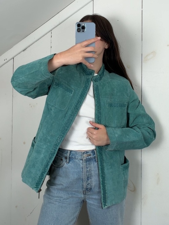 Bradley Bayou Jackets & Blazers - Y2K Bradley Teal Blue Suede Leather Jacket Women’s M Mandarin Collar Woven Trim